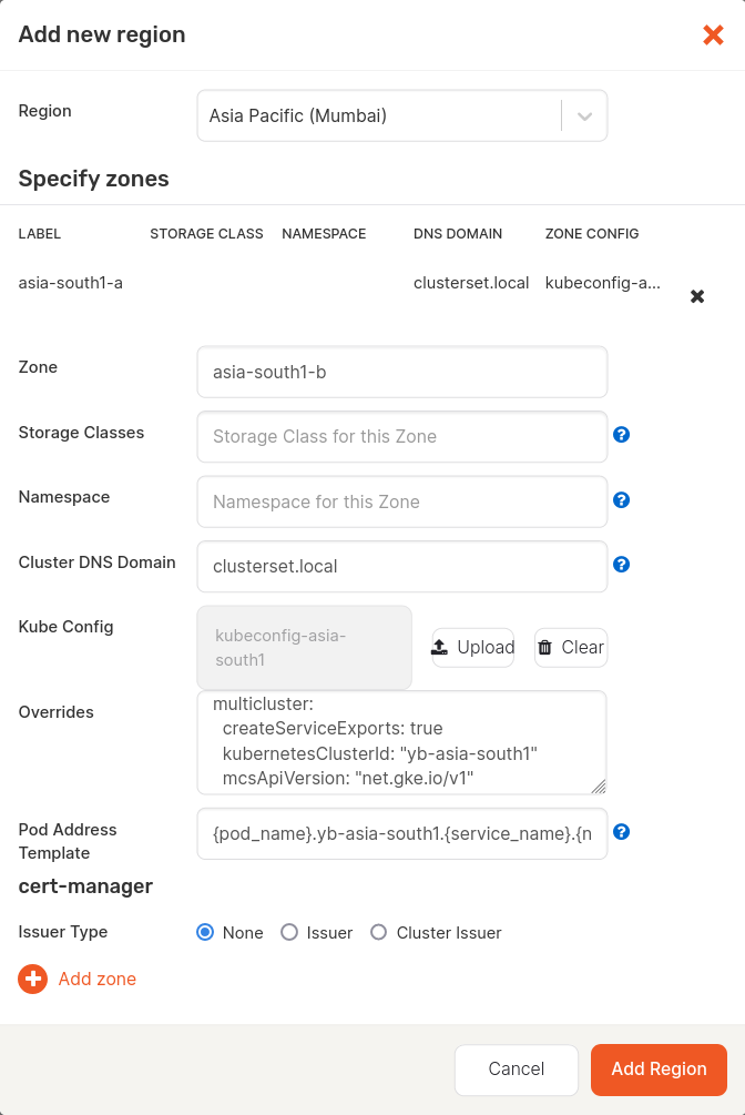 Add new region screen of YBA with GKE MCS