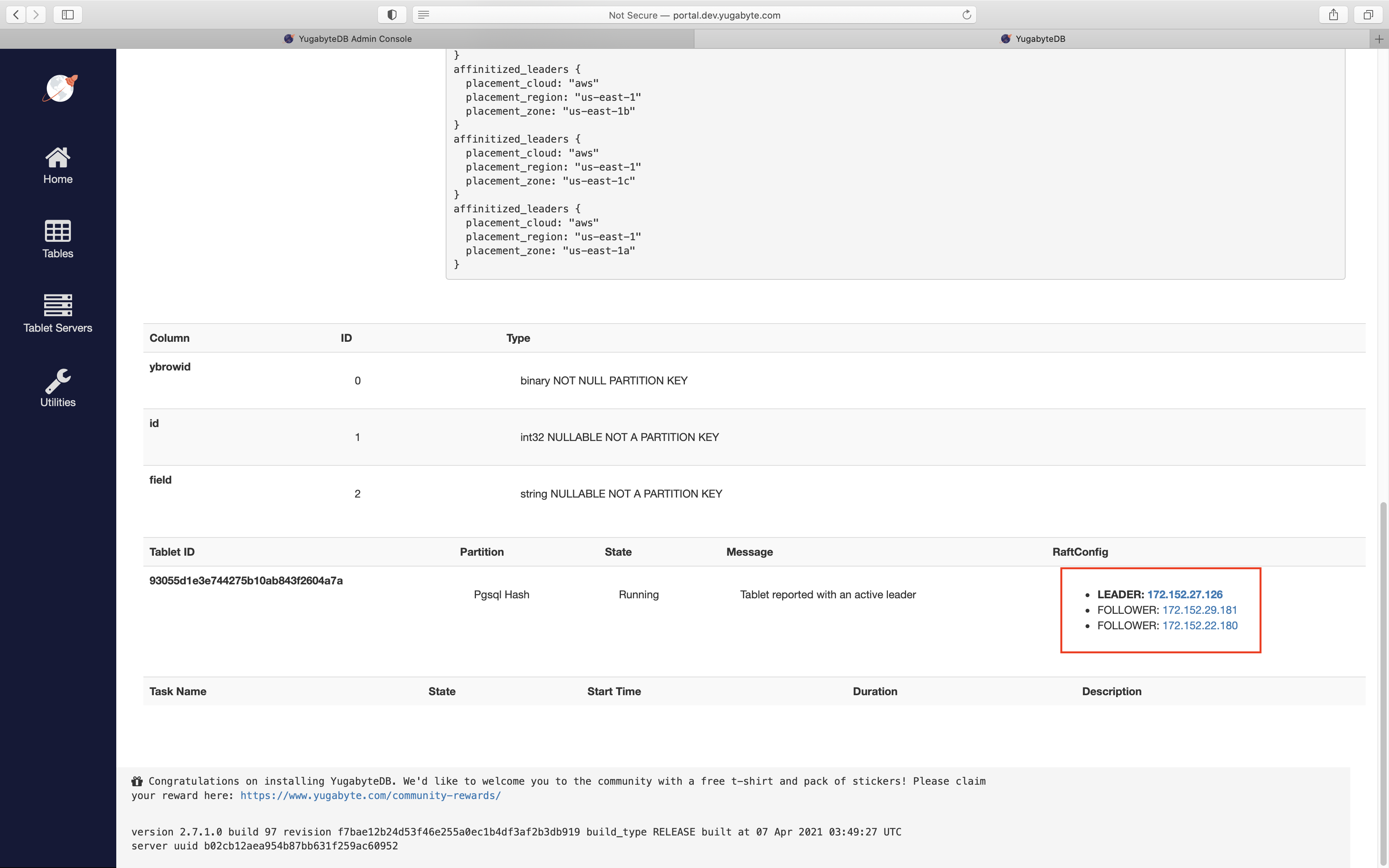 YB-Master UI: Tablets of the single zone table